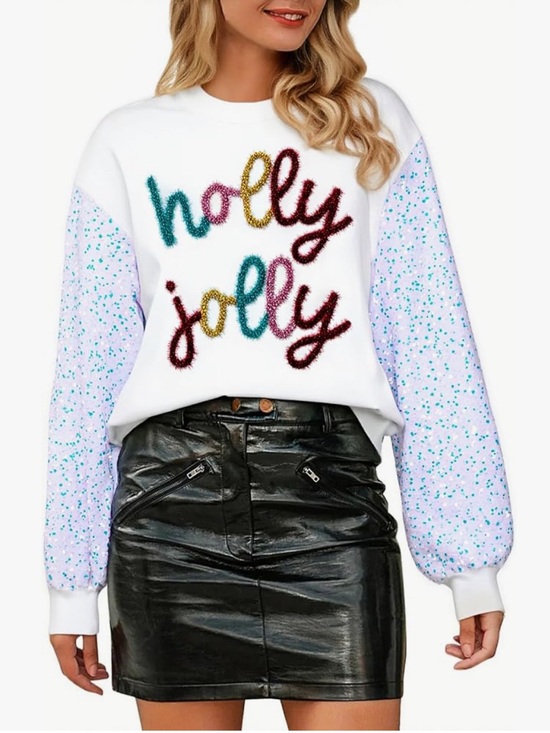 Sweaters - Holly Jolly Sequin Sleeve Festive White Graphic Pullover Sweater